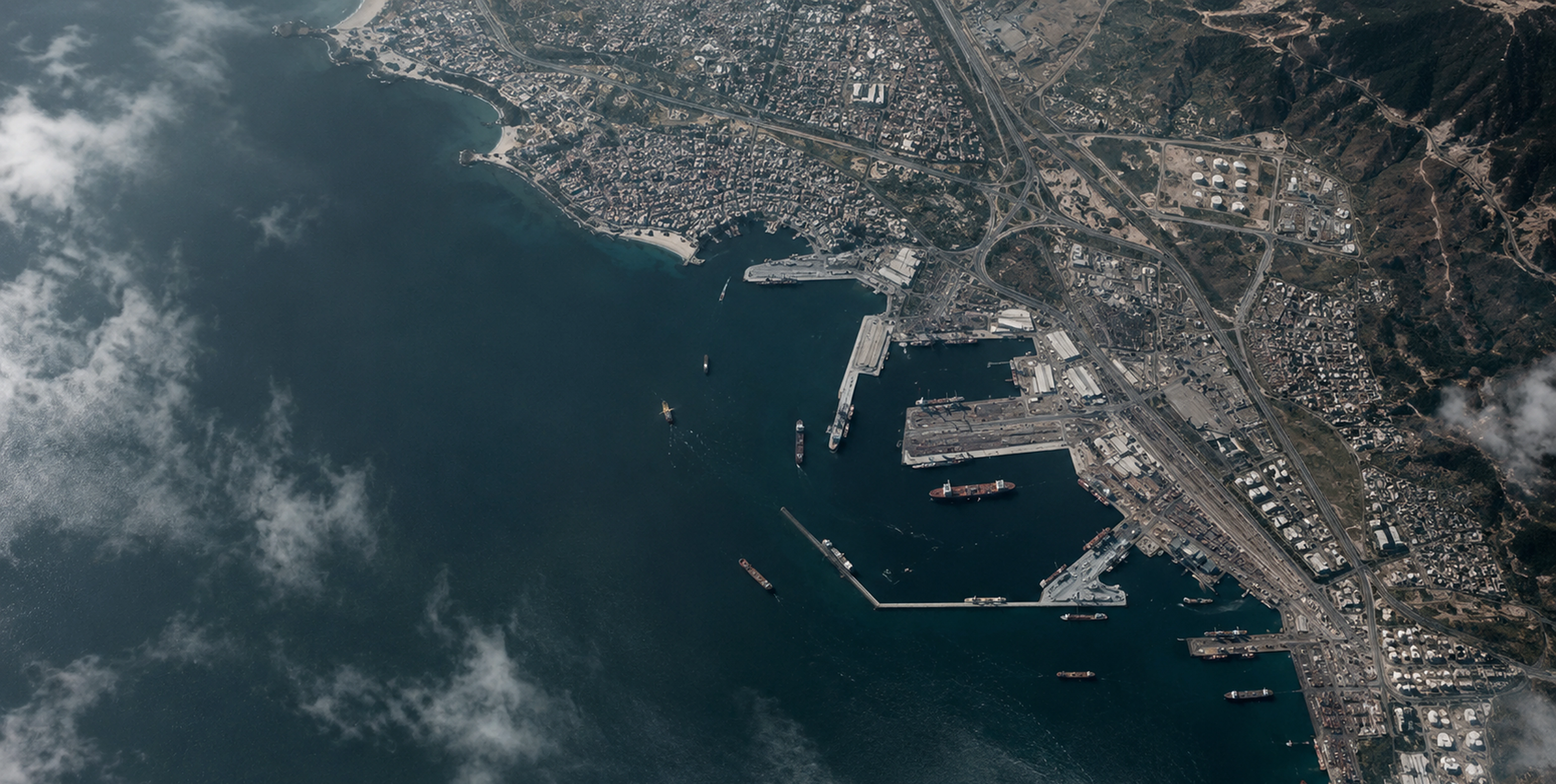 Aerial view of a coastal port and city