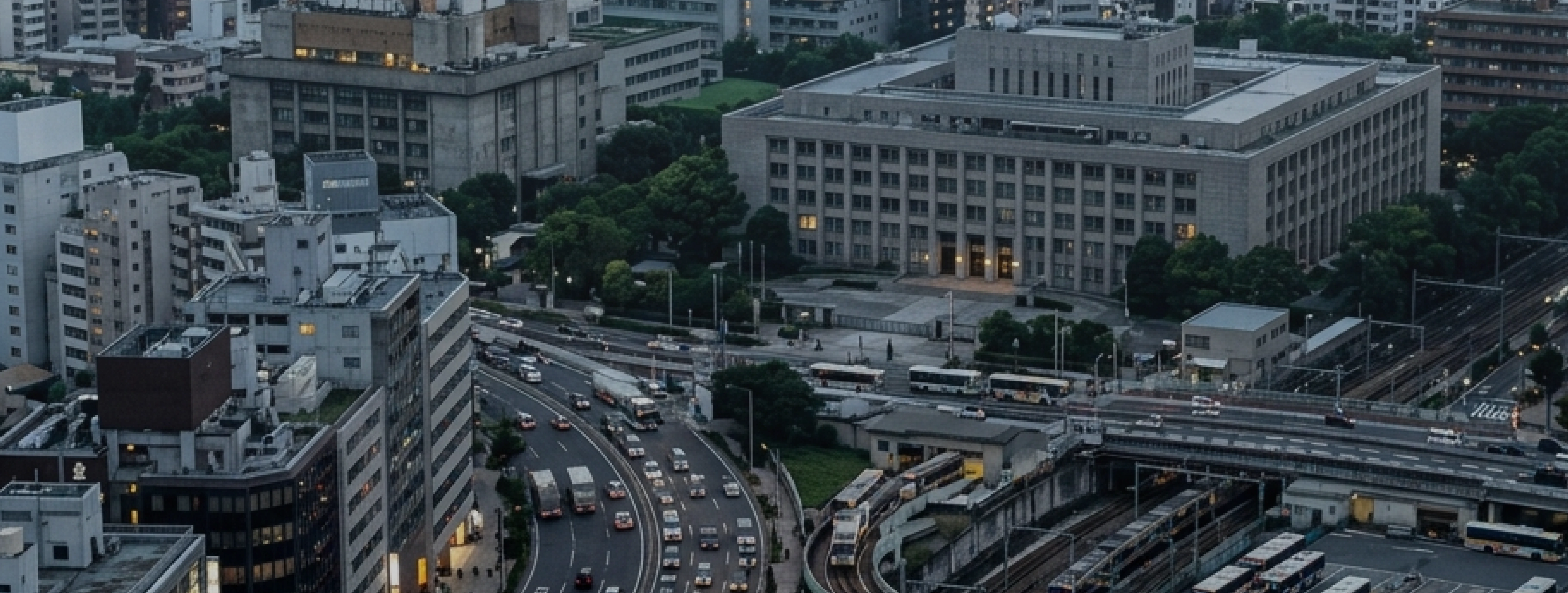 Aerial city view at dusk